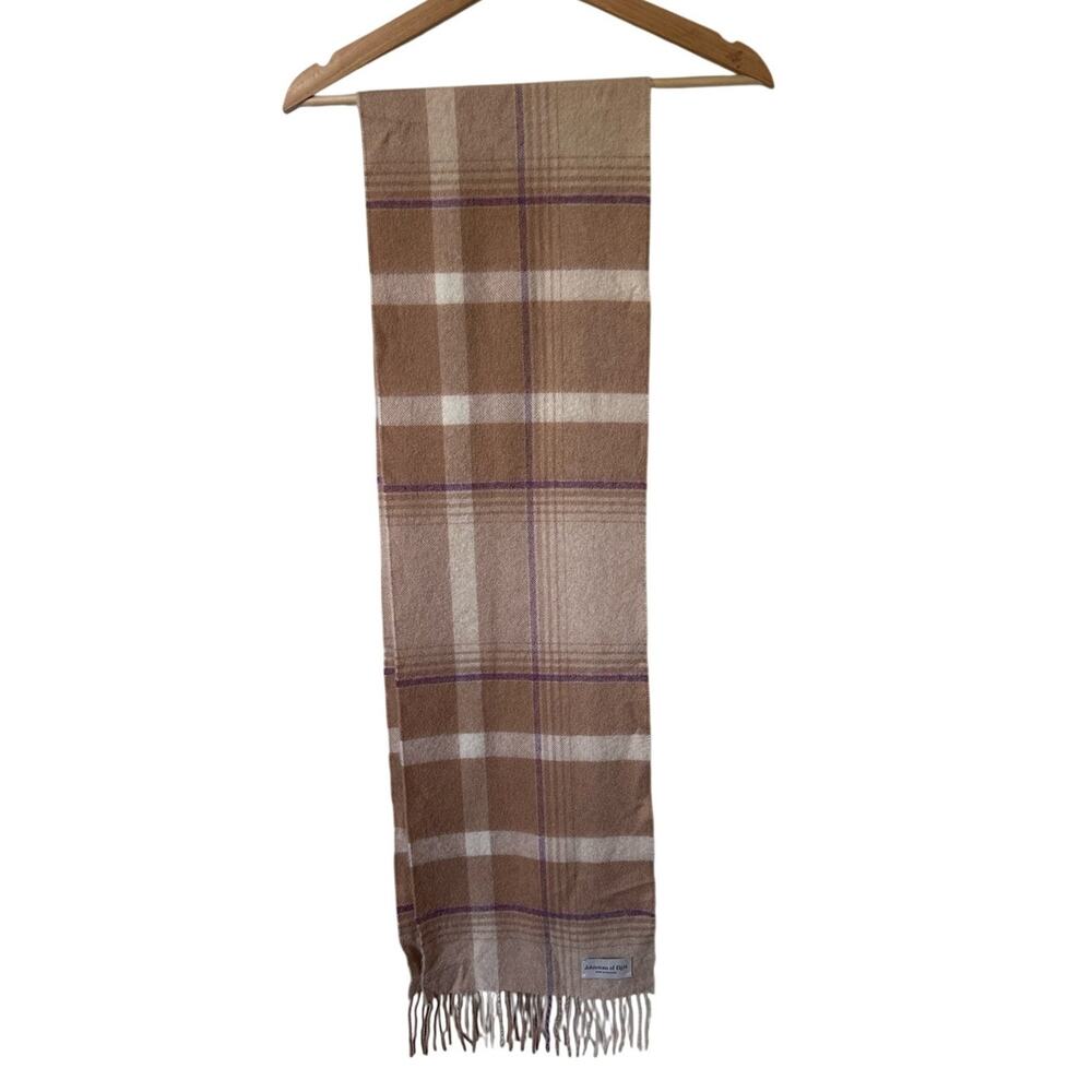 Johnstons of Elgin 100% Cashmere Plaid Tan Purple Check Scarf Made in Scotland